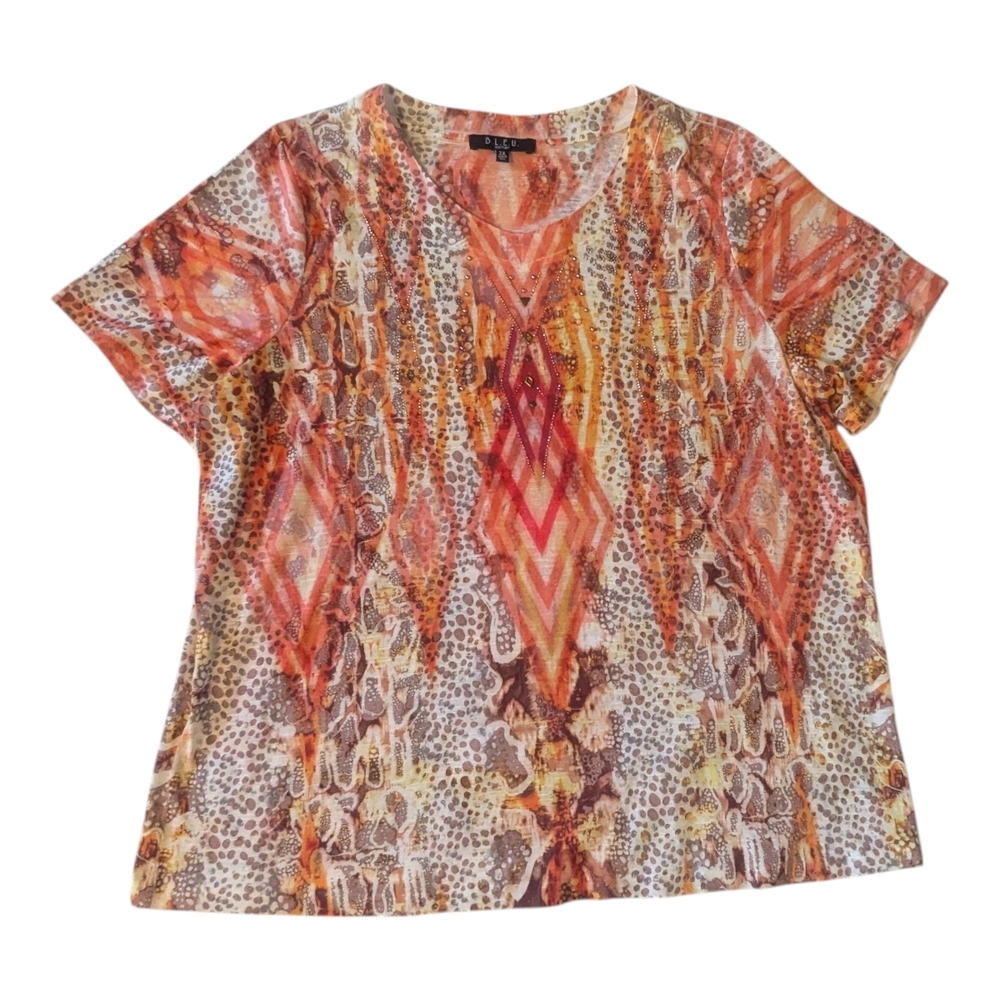 B.L E.U. Southwestern Orange V-Neck Embellished Short Sleeve Top Women's 2X